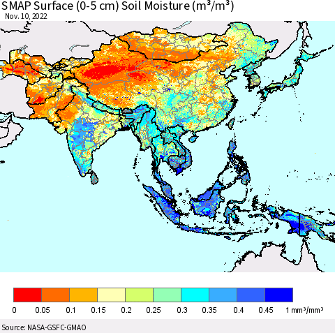 Asia SMAP Surface (0-5 cm) Soil Moisture (m³/m³) Thematic Map For 11/6/2022 - 11/10/2022