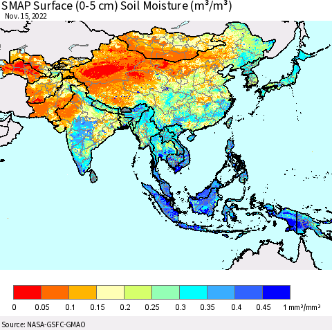 Asia SMAP Surface (0-5 cm) Soil Moisture (m³/m³) Thematic Map For 11/11/2022 - 11/15/2022