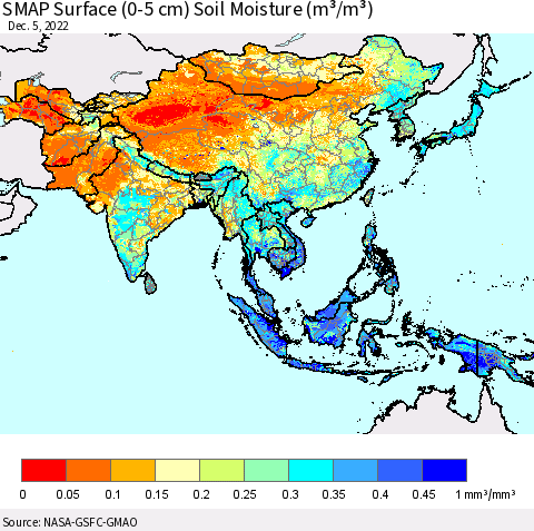 Asia SMAP Surface (0-5 cm) Soil Moisture (m³/m³) Thematic Map For 12/1/2022 - 12/5/2022