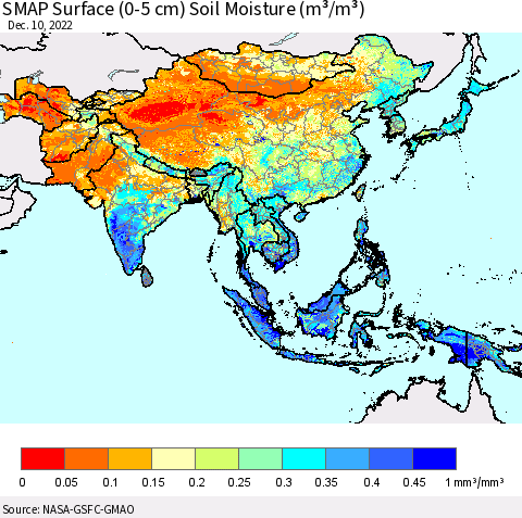 Asia SMAP Surface (0-5 cm) Soil Moisture (m³/m³) Thematic Map For 12/6/2022 - 12/10/2022