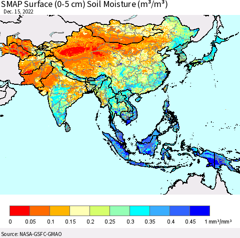Asia SMAP Surface (0-5 cm) Soil Moisture (m³/m³) Thematic Map For 12/11/2022 - 12/15/2022