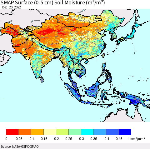 Asia SMAP Surface (0-5 cm) Soil Moisture (m³/m³) Thematic Map For 12/16/2022 - 12/20/2022