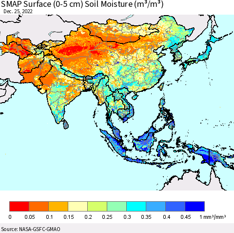 Asia SMAP Surface (0-5 cm) Soil Moisture (m³/m³) Thematic Map For 12/21/2022 - 12/25/2022