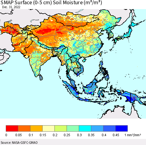 Asia SMAP Surface (0-5 cm) Soil Moisture (m³/m³) Thematic Map For 12/26/2022 - 12/31/2022