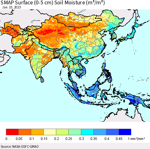 Asia SMAP Surface (0-5 cm) Soil Moisture (m³/m³) Thematic Map For 1/6/2023 - 1/10/2023