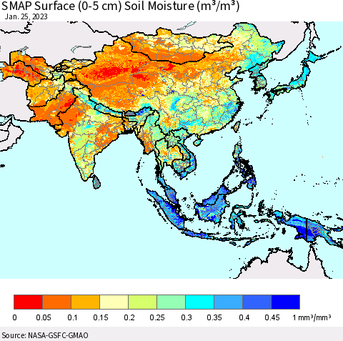 Asia SMAP Surface (0-5 cm) Soil Moisture (m³/m³) Thematic Map For 1/21/2023 - 1/25/2023