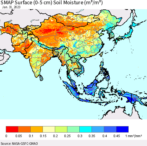 Asia SMAP Surface (0-5 cm) Soil Moisture (m³/m³) Thematic Map For 1/26/2023 - 1/31/2023