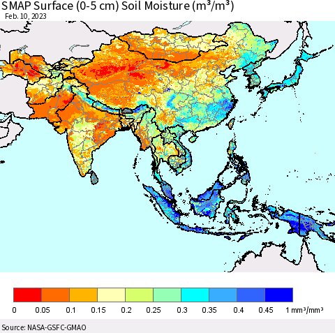 Asia SMAP Surface (0-5 cm) Soil Moisture (m³/m³) Thematic Map For 2/6/2023 - 2/10/2023