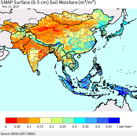 Asia SMAP Surface (0-5 cm) Soil Moisture (m³/m³) Thematic Map For 2/11/2023 - 2/15/2023