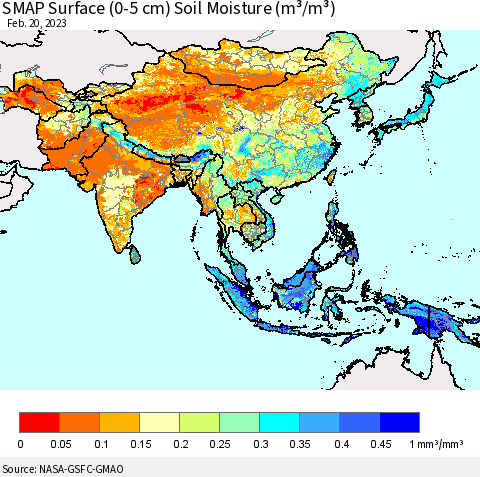 Asia SMAP Surface (0-5 cm) Soil Moisture (m³/m³) Thematic Map For 2/16/2023 - 2/20/2023