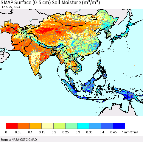 Asia SMAP Surface (0-5 cm) Soil Moisture (m³/m³) Thematic Map For 2/21/2023 - 2/25/2023