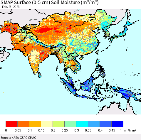 Asia SMAP Surface (0-5 cm) Soil Moisture (m³/m³) Thematic Map For 2/26/2023 - 2/28/2023