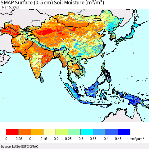 Asia SMAP Surface (0-5 cm) Soil Moisture (m³/m³) Thematic Map For 3/1/2023 - 3/5/2023