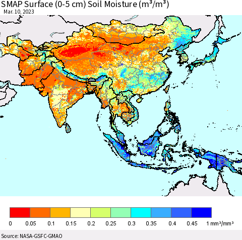 Asia SMAP Surface (0-5 cm) Soil Moisture (m³/m³) Thematic Map For 3/6/2023 - 3/10/2023