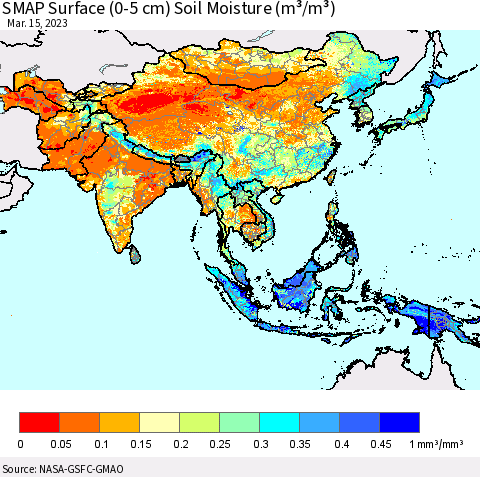 Asia SMAP Surface (0-5 cm) Soil Moisture (m³/m³) Thematic Map For 3/11/2023 - 3/15/2023