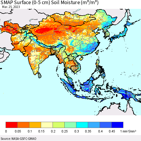 Asia SMAP Surface (0-5 cm) Soil Moisture (m³/m³) Thematic Map For 3/21/2023 - 3/25/2023