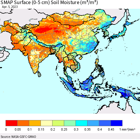Asia SMAP Surface (0-5 cm) Soil Moisture (m³/m³) Thematic Map For 4/1/2023 - 4/5/2023