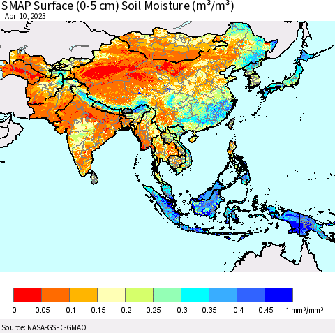 Asia SMAP Surface (0-5 cm) Soil Moisture (m³/m³) Thematic Map For 4/6/2023 - 4/10/2023