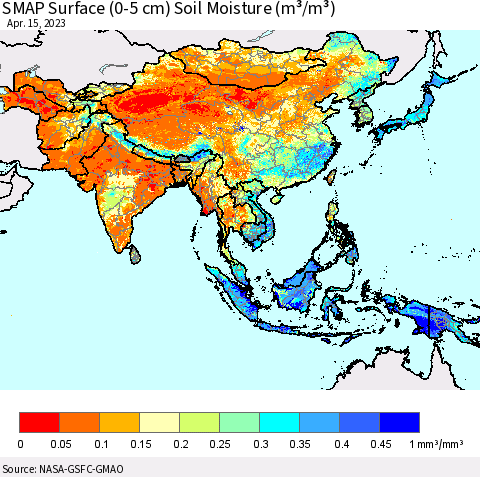 Asia SMAP Surface (0-5 cm) Soil Moisture (m³/m³) Thematic Map For 4/11/2023 - 4/15/2023