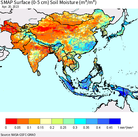 Asia SMAP Surface (0-5 cm) Soil Moisture (m³/m³) Thematic Map For 4/16/2023 - 4/20/2023