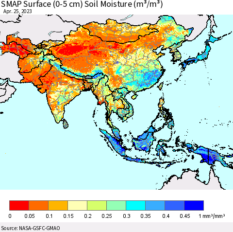 Asia SMAP Surface (0-5 cm) Soil Moisture (m³/m³) Thematic Map For 4/21/2023 - 4/25/2023