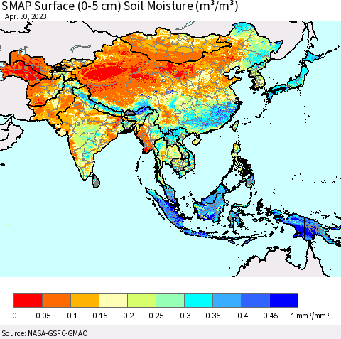 Asia SMAP Surface (0-5 cm) Soil Moisture (m³/m³) Thematic Map For 4/26/2023 - 4/30/2023