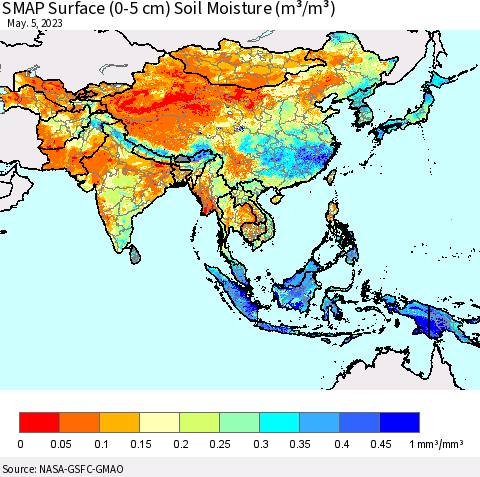 Asia SMAP Surface (0-5 cm) Soil Moisture (m³/m³) Thematic Map For 5/1/2023 - 5/5/2023