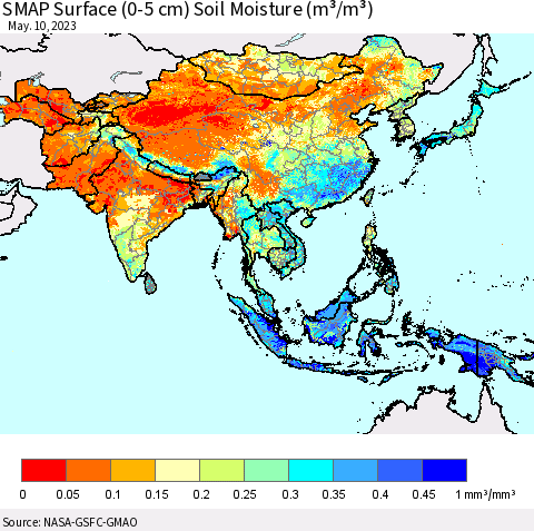 Asia SMAP Surface (0-5 cm) Soil Moisture (m³/m³) Thematic Map For 5/6/2023 - 5/10/2023