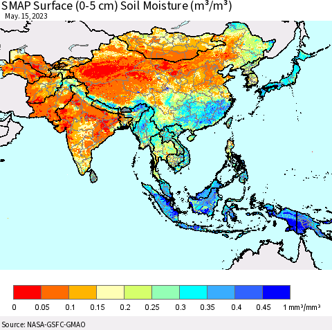 Asia SMAP Surface (0-5 cm) Soil Moisture (m³/m³) Thematic Map For 5/11/2023 - 5/15/2023
