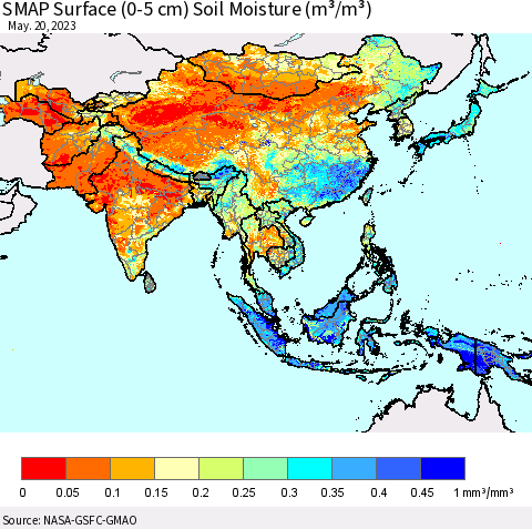 Asia SMAP Surface (0-5 cm) Soil Moisture (m³/m³) Thematic Map For 5/16/2023 - 5/20/2023