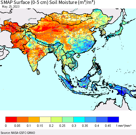 Asia SMAP Surface (0-5 cm) Soil Moisture (m³/m³) Thematic Map For 5/21/2023 - 5/25/2023