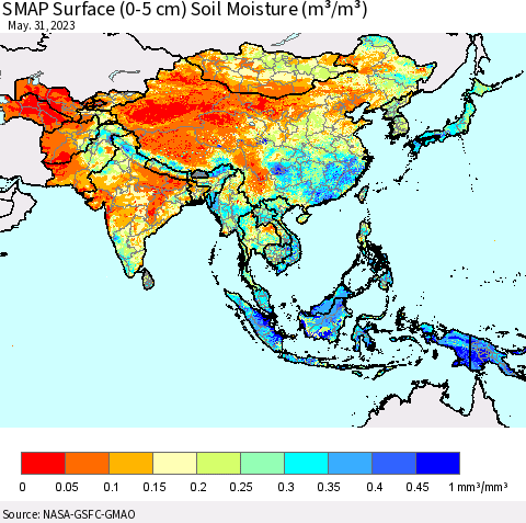 Asia SMAP Surface (0-5 cm) Soil Moisture (m³/m³) Thematic Map For 5/26/2023 - 5/31/2023