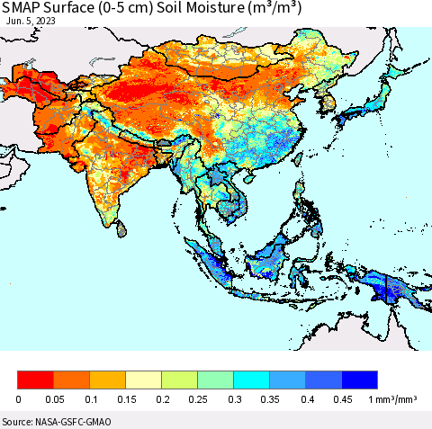 Asia SMAP Surface (0-5 cm) Soil Moisture (m³/m³) Thematic Map For 6/1/2023 - 6/5/2023