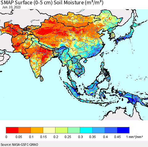 Asia SMAP Surface (0-5 cm) Soil Moisture (m³/m³) Thematic Map For 6/6/2023 - 6/10/2023