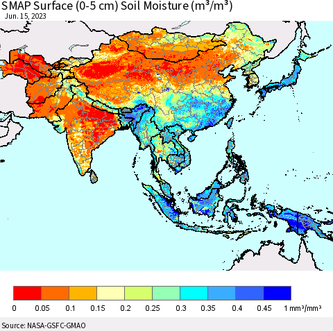 Asia SMAP Surface (0-5 cm) Soil Moisture (m³/m³) Thematic Map For 6/11/2023 - 6/15/2023