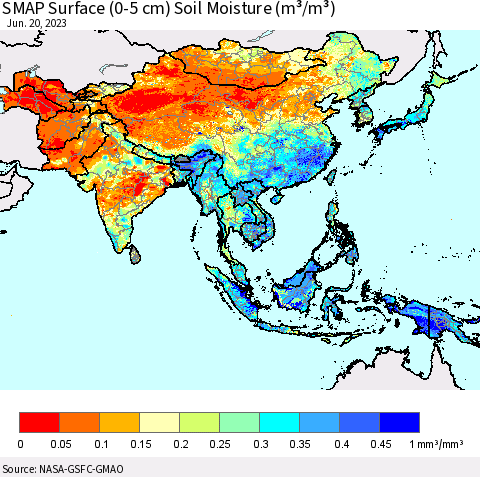Asia SMAP Surface (0-5 cm) Soil Moisture (m³/m³) Thematic Map For 6/16/2023 - 6/20/2023