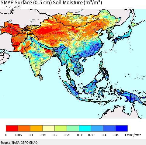 Asia SMAP Surface (0-5 cm) Soil Moisture (m³/m³) Thematic Map For 6/21/2023 - 6/25/2023