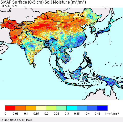 Asia SMAP Surface (0-5 cm) Soil Moisture (m³/m³) Thematic Map For 6/26/2023 - 6/30/2023