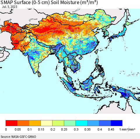 Asia SMAP Surface (0-5 cm) Soil Moisture (m³/m³) Thematic Map For 7/1/2023 - 7/5/2023