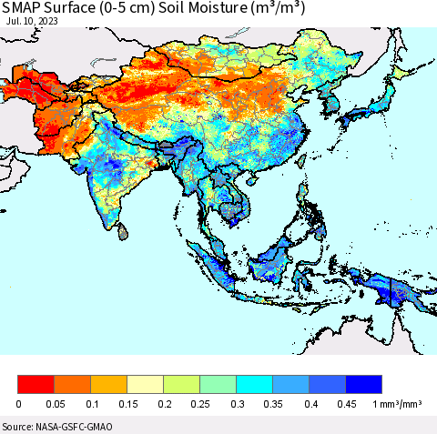 Asia SMAP Surface (0-5 cm) Soil Moisture (m³/m³) Thematic Map For 7/6/2023 - 7/10/2023