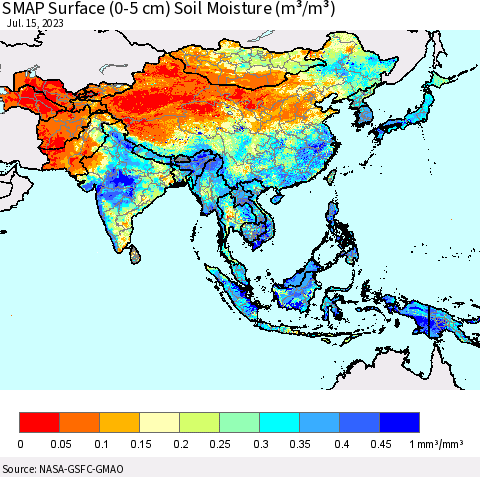 Asia SMAP Surface (0-5 cm) Soil Moisture (m³/m³) Thematic Map For 7/11/2023 - 7/15/2023