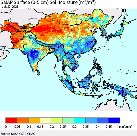 Asia SMAP Surface (0-5 cm) Soil Moisture (m³/m³) Thematic Map For 7/16/2023 - 7/20/2023