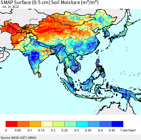 Asia SMAP Surface (0-5 cm) Soil Moisture (m³/m³) Thematic Map For 7/21/2023 - 7/25/2023