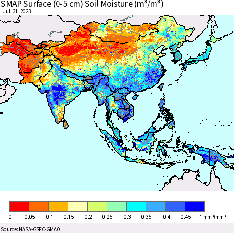Asia SMAP Surface (0-5 cm) Soil Moisture (m³/m³) Thematic Map For 7/26/2023 - 7/31/2023