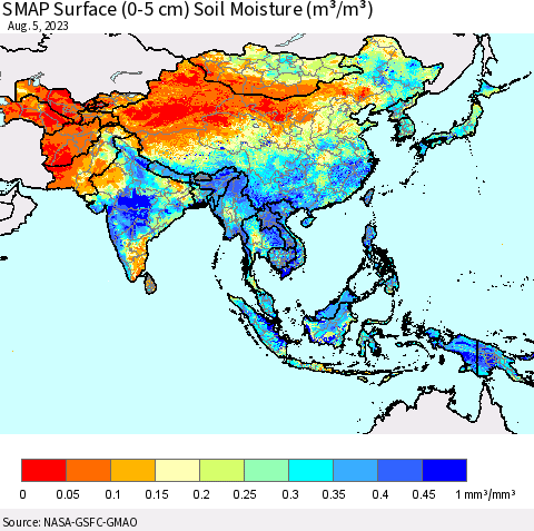 Asia SMAP Surface (0-5 cm) Soil Moisture (m³/m³) Thematic Map For 8/1/2023 - 8/5/2023