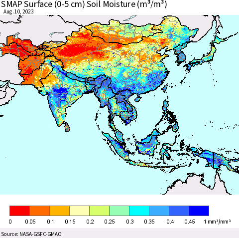 Asia SMAP Surface (0-5 cm) Soil Moisture (m³/m³) Thematic Map For 8/6/2023 - 8/10/2023