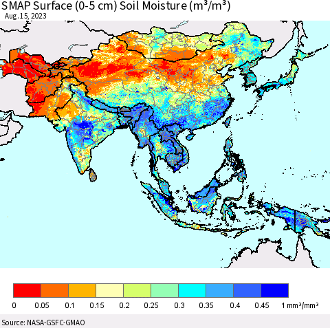 Asia SMAP Surface (0-5 cm) Soil Moisture (m³/m³) Thematic Map For 8/11/2023 - 8/15/2023