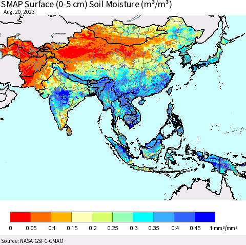 Asia SMAP Surface (0-5 cm) Soil Moisture (m³/m³) Thematic Map For 8/16/2023 - 8/20/2023
