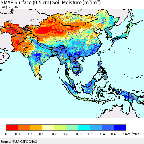 Asia SMAP Surface (0-5 cm) Soil Moisture (m³/m³) Thematic Map For 8/21/2023 - 8/25/2023