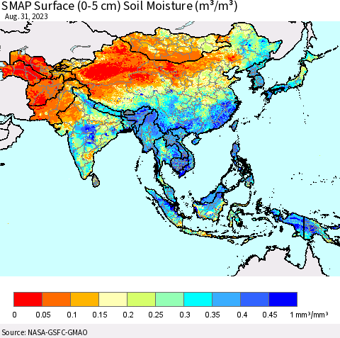 Asia SMAP Surface (0-5 cm) Soil Moisture (m³/m³) Thematic Map For 8/26/2023 - 8/31/2023